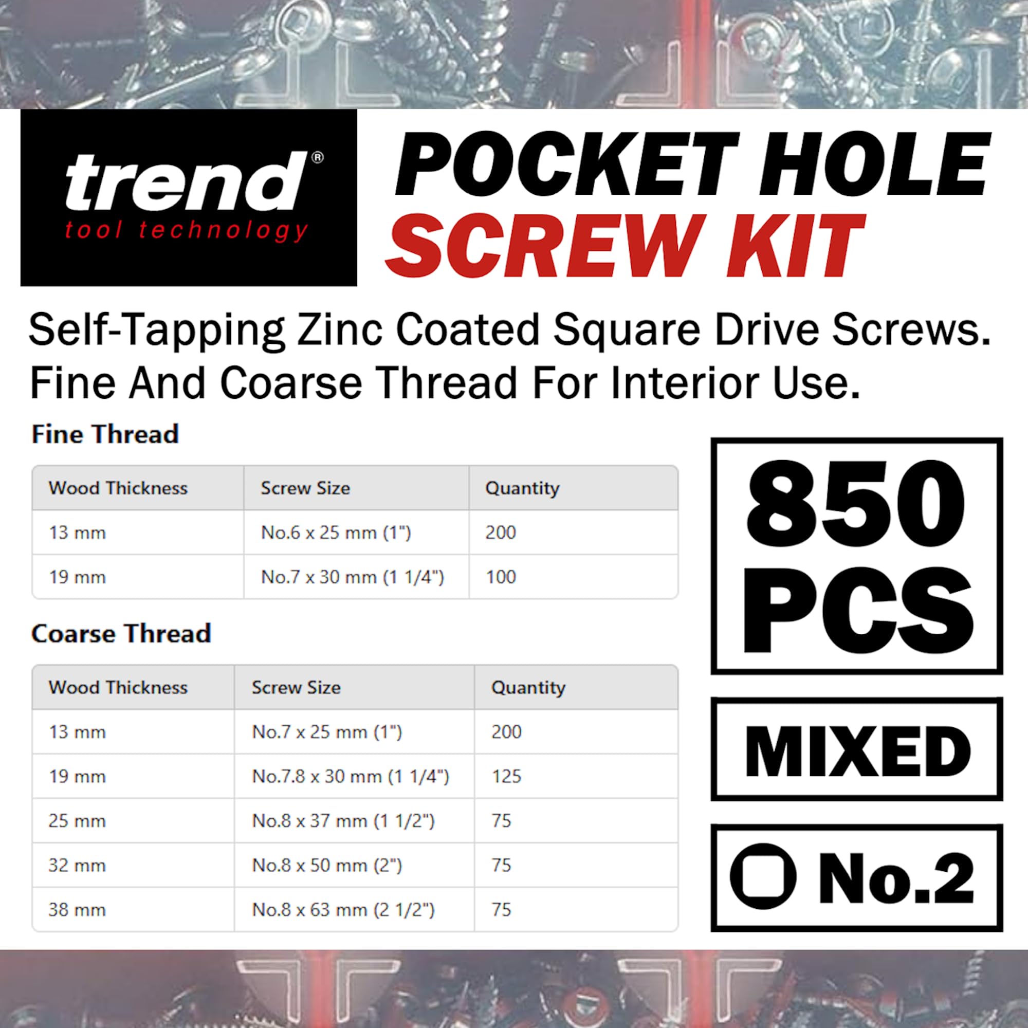 Trend Pocket Hole Screws for Hard & Softwoods, Selection Pack of 850, Self-Tapping Zinc Coated Square Drive Screws in Carry Case, PH/SCW/PK1