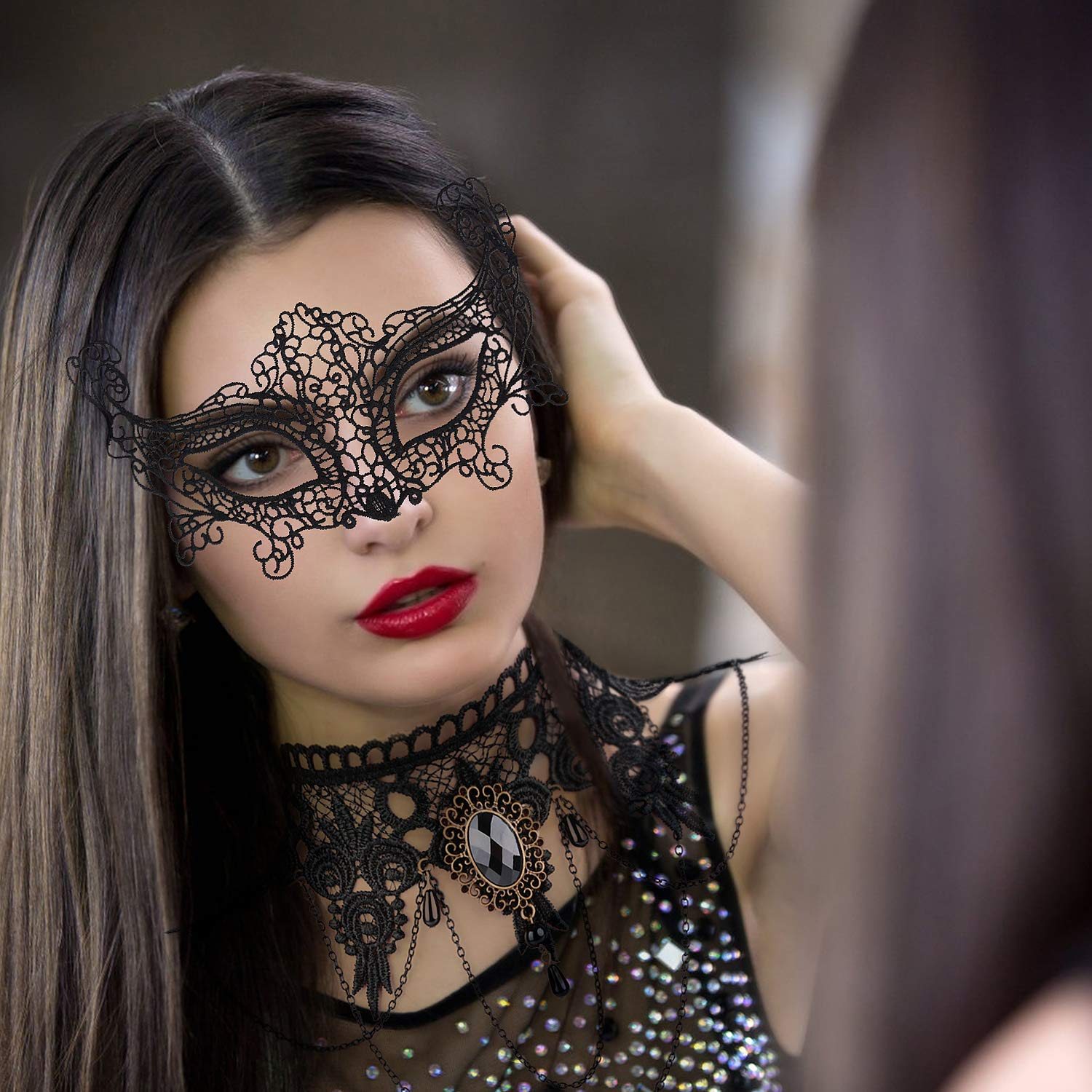 Aniwon Punk Style Halloween Party Black Lace Choker Necklace Fingerless Satin Embroidered Gloves Lace Masquerade Mask Set for Women for Wedding Evening Vampire Costume steampunk Accessories