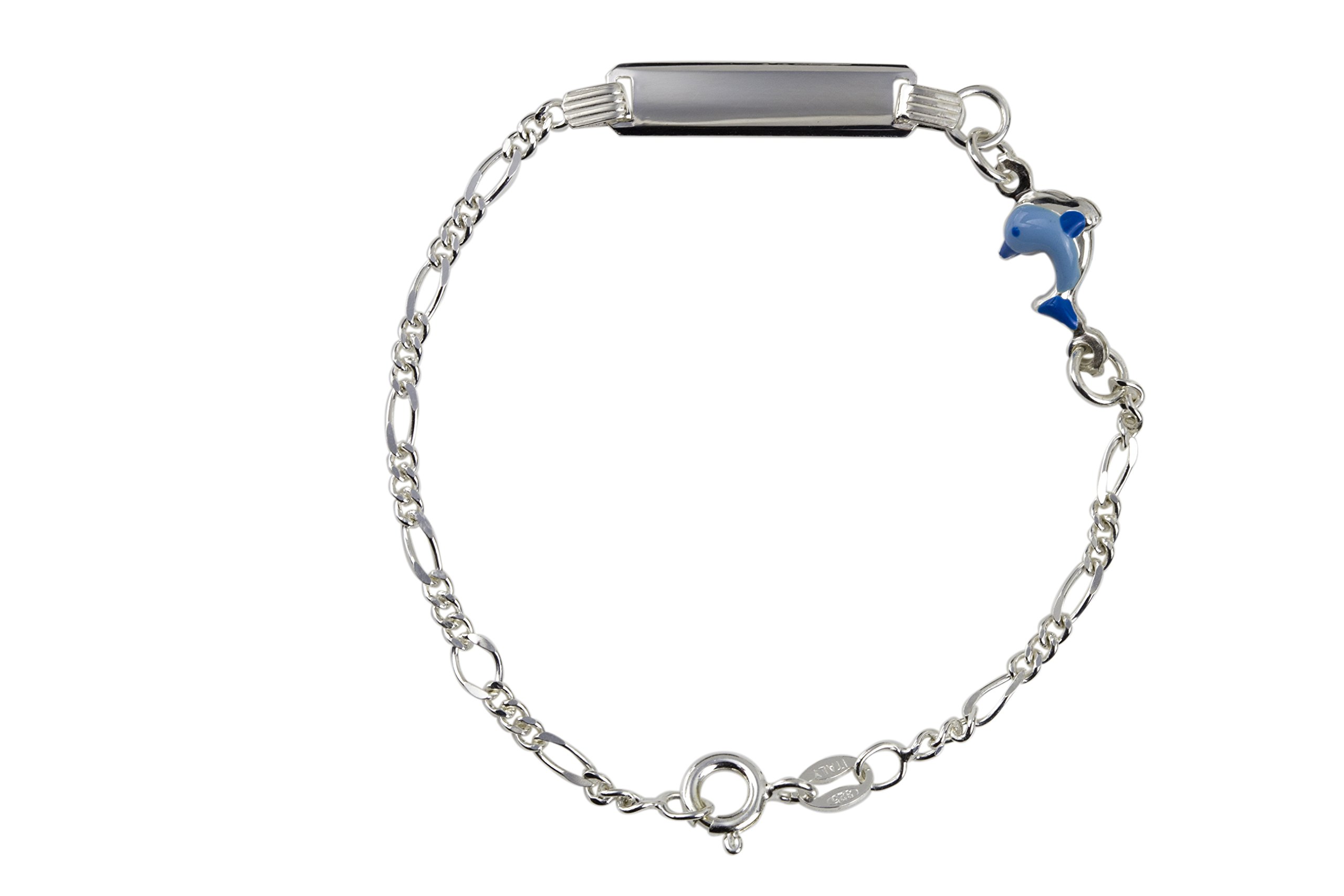 AKA Jewellery - Sterling Silver Baby ID Bracelet with Blue Dolphin Enamel, Gift for Children
