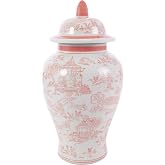 11" Pink Landscape Garden Ginger Jar with Lid | Porcelain, Hand-Painted Scenic Temple, Home Decor Accent, Interior Design, Chinoiserie Decorative Vase