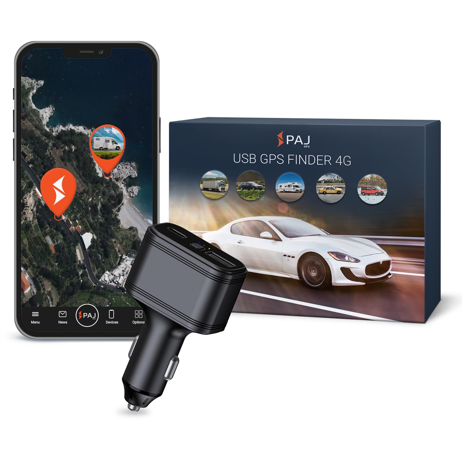 PAJ USB FINDER 4G - Mini GPS Tracker for Cars and Other Vehicles - Connection via Cigarette Lighter - UK & Worldwide Real Time Tracking, Safe Area, Route Memory System and Alarms
