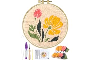 ERKOON Punch Needle Kit Adults Beginners, DIY Easy Floral Embroidery Set for Starter Art Craft, Needling Punch Project with Patterns, Tools, Yarns, Hoop, Instruction (Rhubarb Flowers)