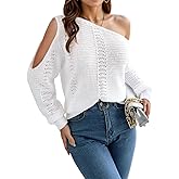 Womens Off The Shoulder Sweater Tops, Long Sleeve Crochet Pullover Sweater Dressy Casual Hollow Out Trendy Outfits
