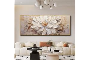 MINGDIAN ART Hand-Painted Flower Canvas Oil Painting for Living Room, Large White Floral Canvas Wall Art for Bedroom,Gold Framed 3D Textured Painting for Office Kitchen Home Decoration 24x56 inches