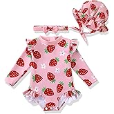 Renotemy Baby Girls Swimsuit Infant Bathing Suit with Hat Zipper Long Sleeve One-Piece Rash Guard Swimwear for Girl 3Month-3T