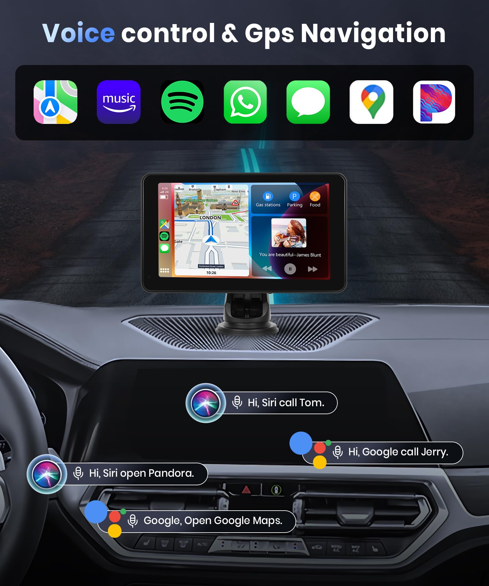 podofo Wireless Carplay Screen for Car,7inch 1080P HD IPS Touch Screen Portable Car Radio Audio Receivers, Wireless Android Auto Screen 2 Mount/2 Bluetooth/MirrorLink/GPS/Voice Control/AUX/FM Transmit
