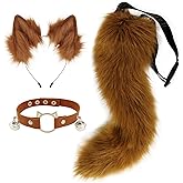 hbbhml Furry Animal Cat Fox Tail Faux Fur Wolf Ear Headband Leather Neck Chocker Costume Set for Party Halloween Cosplay