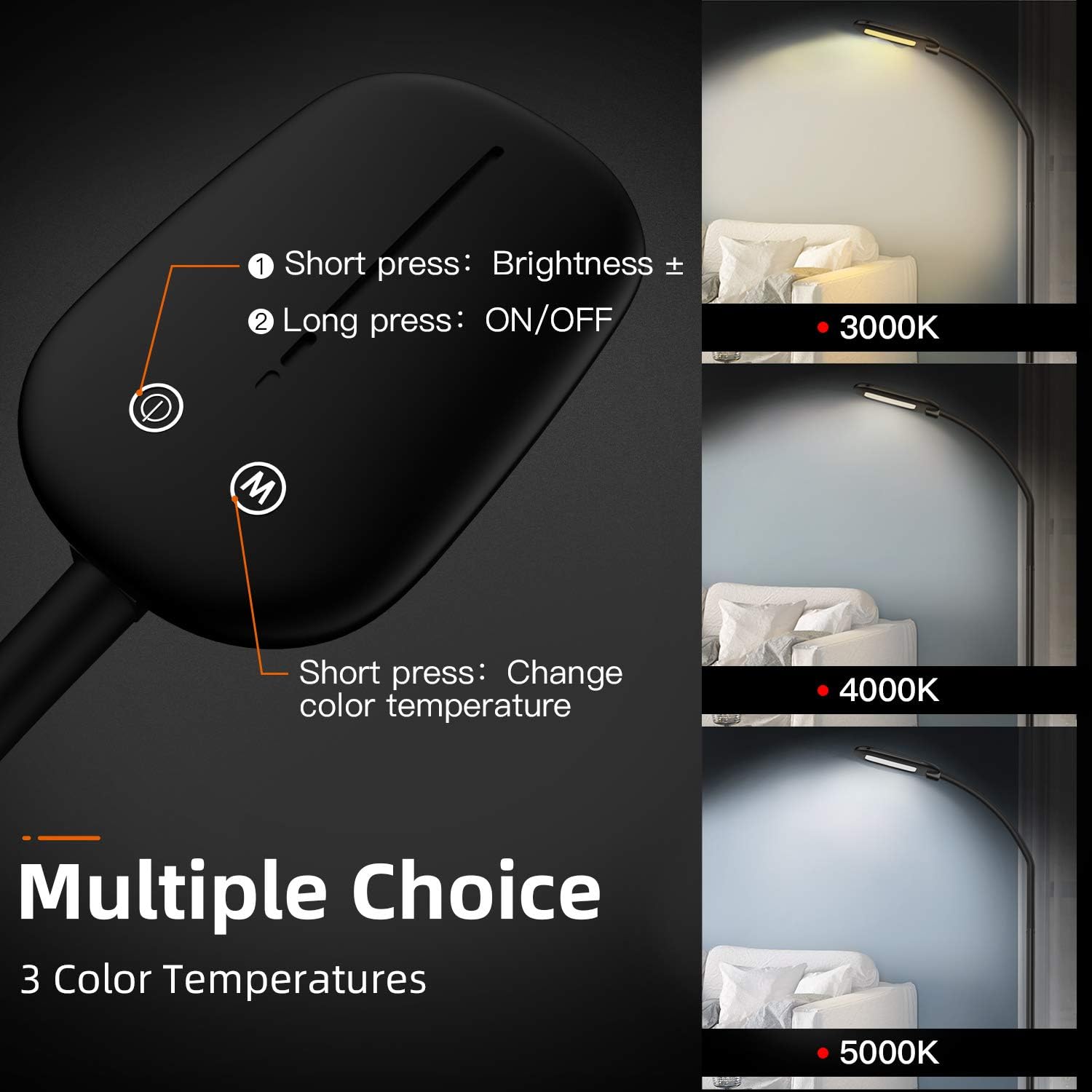 Addlon LED Floor Lamp with 4 Brightness Levels & 3 Colors Temperatures, Dimmable Adjustable Gooseneck, Modern Standing Reading Pole Lamp for Sewing Craft Living Room Bedroom Office - Black: Home Improvement