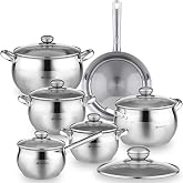 Daniks Classic 12-Piece Stainless Steel Cookware Set with Glass Lids, Includes Saucepan and Frying Pan with Lid, Tri-Ply Bases for Even Heating, Induction Compatible, Dishwasher Safe