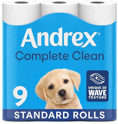 Andrex Complete Clean Toilet Roll 9 Rolls (Previously Andrex Classic Clean Toilet Tissue) Unbeatable Toilet Paper with Unique 3D Wave, FSC Certified