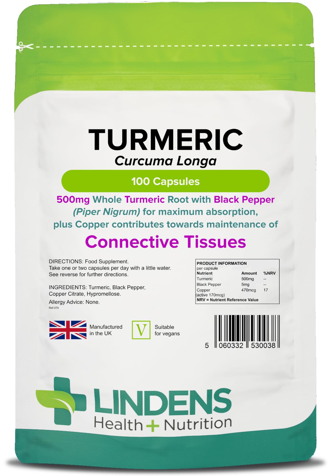 Lindens Turmeric 500mg with Black Pepper - 100 Vegan Capsules | 1-A-Day | UK Manufacturer - 1000mg per Serving | Natural Curcumin | Easy to Swallow & Digest Capsule | Letterbox Friendly (3+ Months Supply)