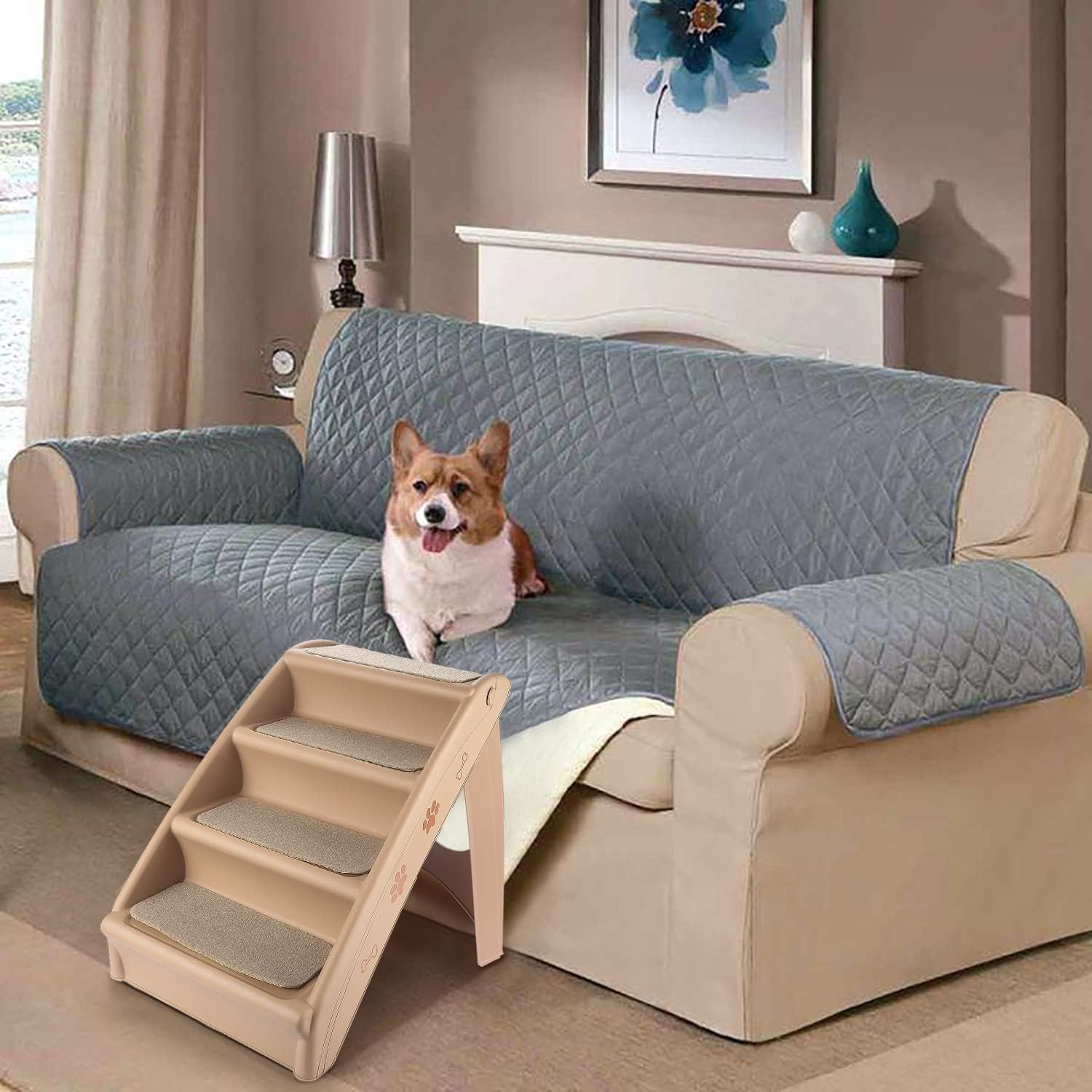 Flexzion Pet Stairs Folding Dog Cat Animal Step Ramp Ladder Foldable Plastic Portable for Tall Bed Indoor Outdoor Decor Supply Easy Store in Beige : Pet Supplies