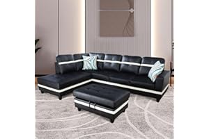 UOCFYK L-Shaped 3-Piece Semi PU Synthetic Leather Sofa with Storage Ottoman Set, Sectional Couch Sofa Set for Living Room, Office, Small Space, Black and White