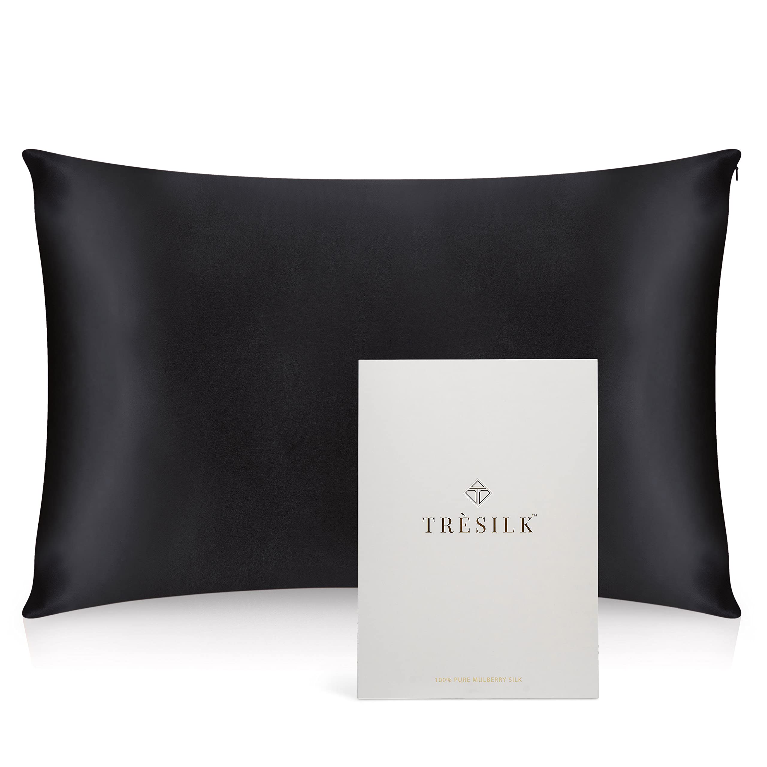22 Momme 100% Mulberry Silk Pillowcase Cover (50x75CM 1 Piece) for Hair and Skin Hidden Zipper Naturally Hypoallergenic Both Sides TRÈSILK (Black)