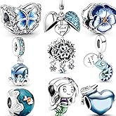 9 Pack Silver Bead Charms for Bracelets and Necklaces Charm for Woman Cubic Zirconias Dangle Pendant Jewelry Beads Set