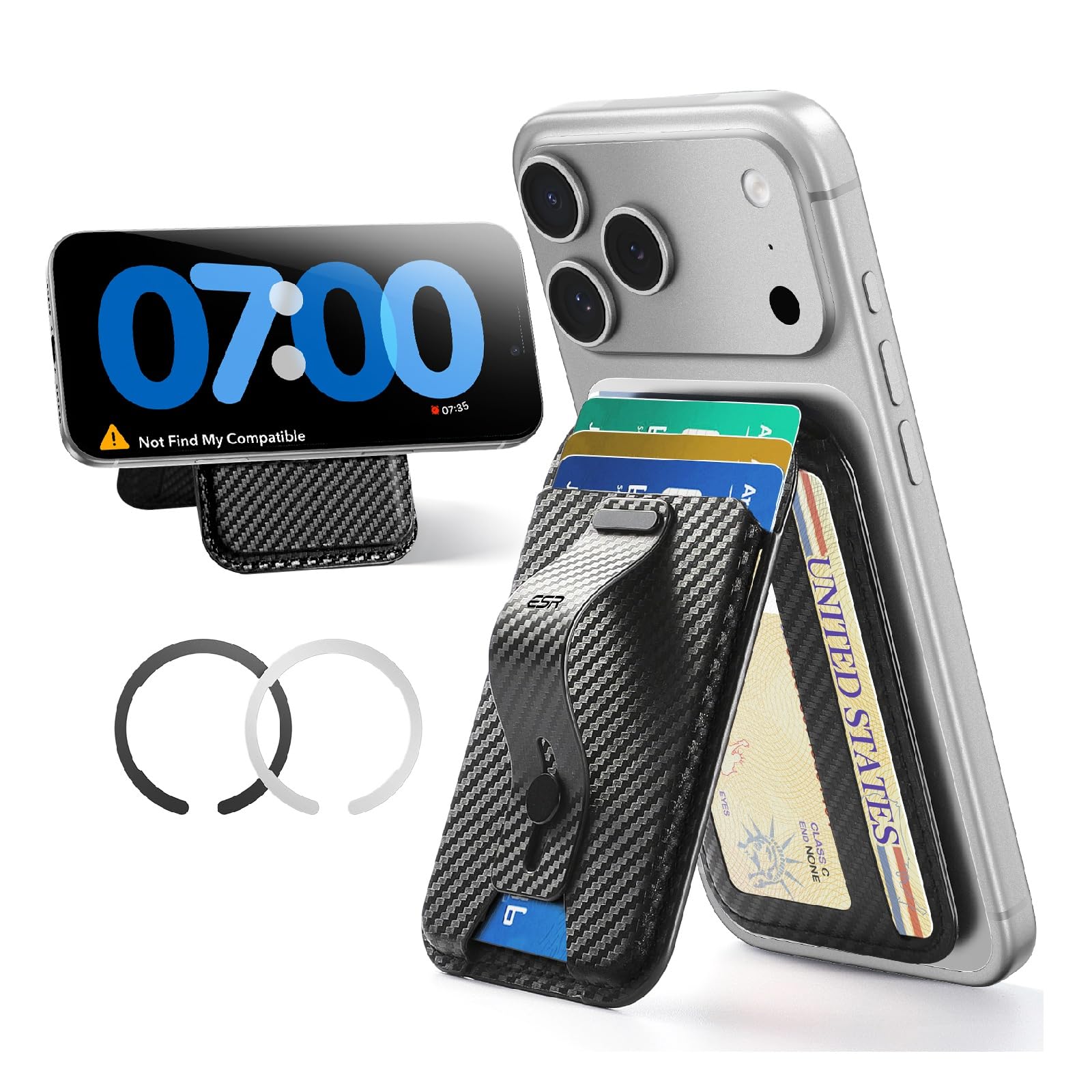 ESR for MagSafe Wallet, 5 Card Holder, Magnetic Wallet with Adjustable Stand, RFID Blocking, for iPhone 17e/17/16/15/14/13/12 & Google Pixel 10, Selected Samsung Devices, Not mini, Carbon Fiber