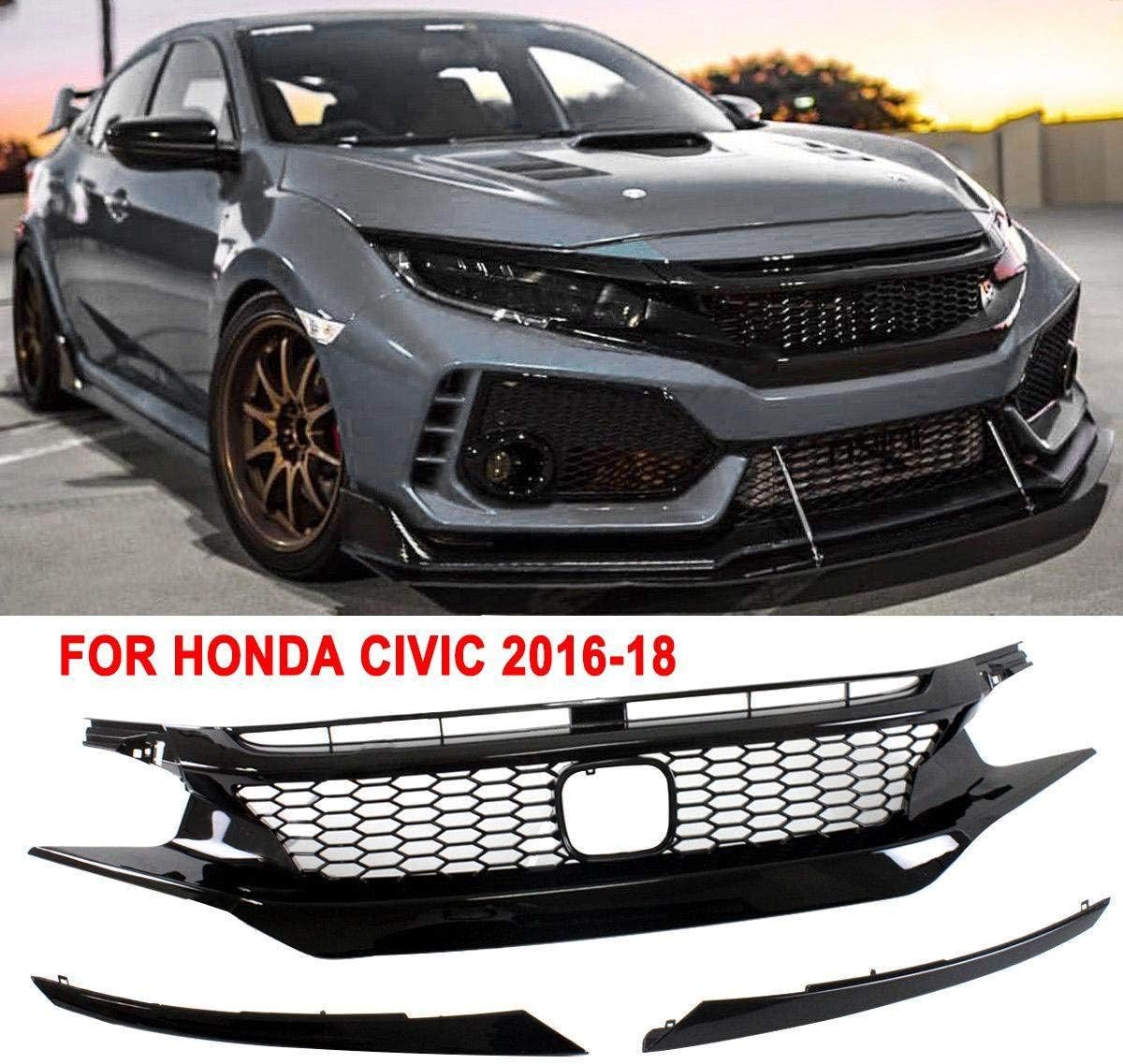 LSYBB New Replacement Part JDM-CTR Style Mesh Front Hood Grille For Honda Civic 2016-2019 10th Gen Glossy Black