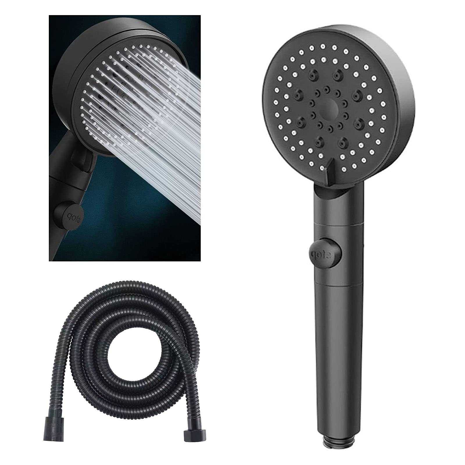 Diyxisk 5 Modes Water Saving Shower Head,Adjustable Booster,One Button Stop,Bathroom High Pressure Universal with Hose(Black)