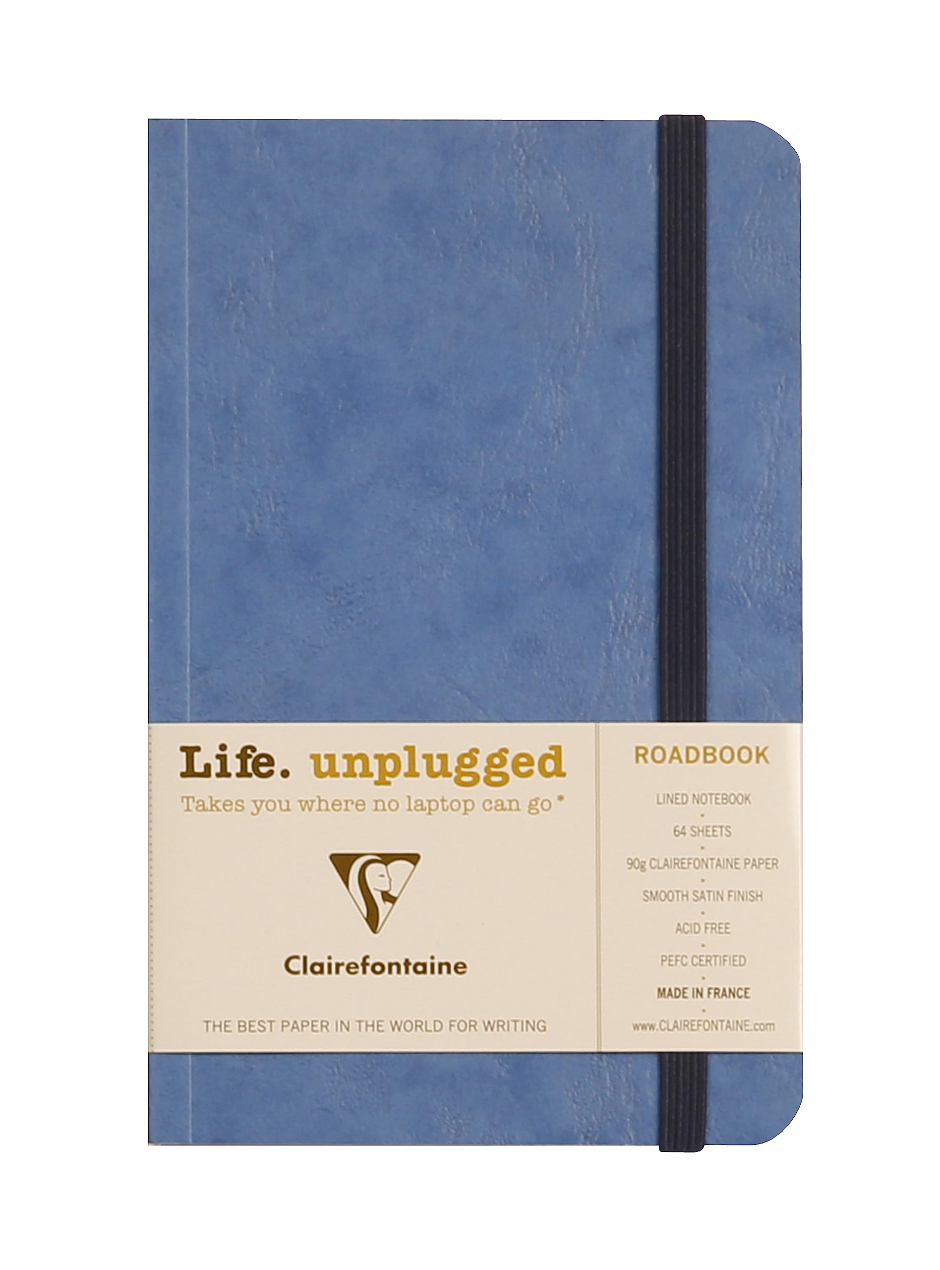 Clairefontaine 791164C Collection Age Bag - Blue Roadbook Square Adhesive Elastic Notebook - 9x14cm - 128 Lined Pages - 90g White Paper - Leather Card Cover
