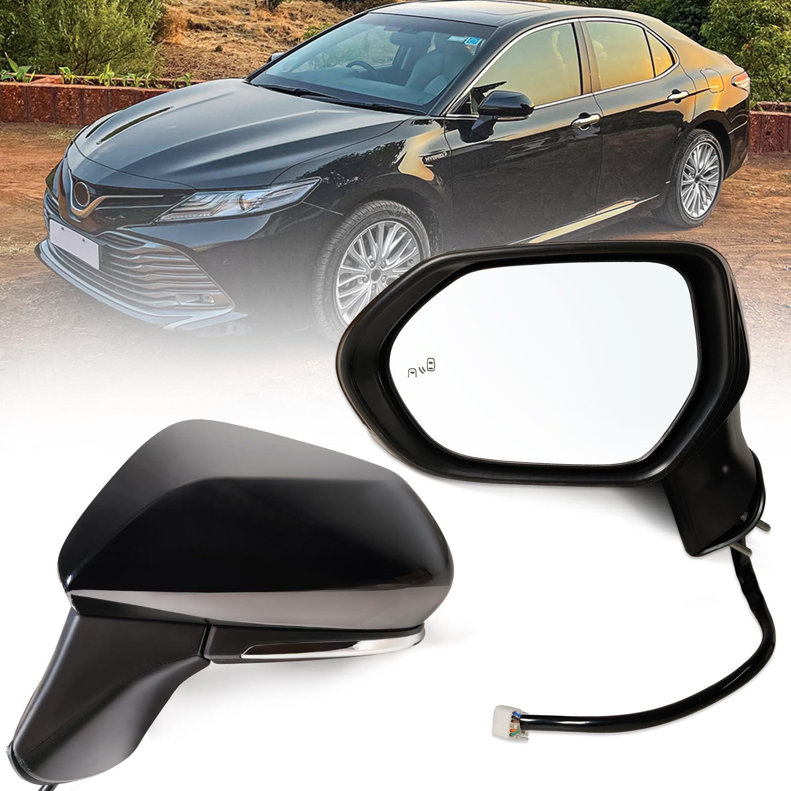 Photo 1 of Lqito Left Driver side Mirror Fits 2018-2024 Toyota Camry with Power Glass, Heated, Turn Signal, Blind Spot Detection and Manual Folding Match to Black Replace 8794006840(7Pins)