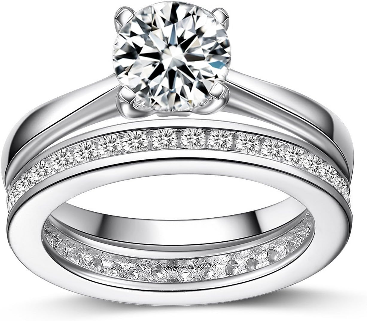 Women's Channel Set Sterling Silver Ring. Full Eternity Wedding Anniversary Ring with Simulated Diamonds. 925 Stamped.