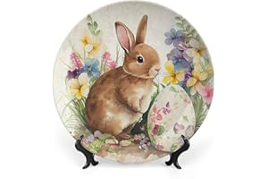 Gokays Easter Decorative Plates, Vintage Bunny & Flowers Eggs Ceramic Plate, Wobble-Plate with Display Stand, Home Decor for Living Room Bedroom, Farmhouse Wall Hanging Round Plate Sign 10 Inch