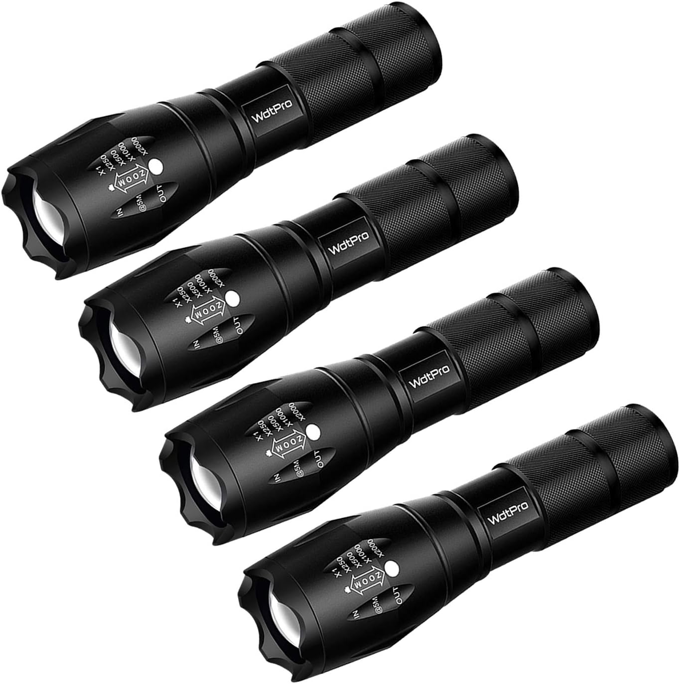 WdtPro Tactical Flashlight 4 Pack - High Lumen LED Flashlights with Adjustable Focus and 5 Light Modes - Best Camping, Hiking, Emergency Flashlights