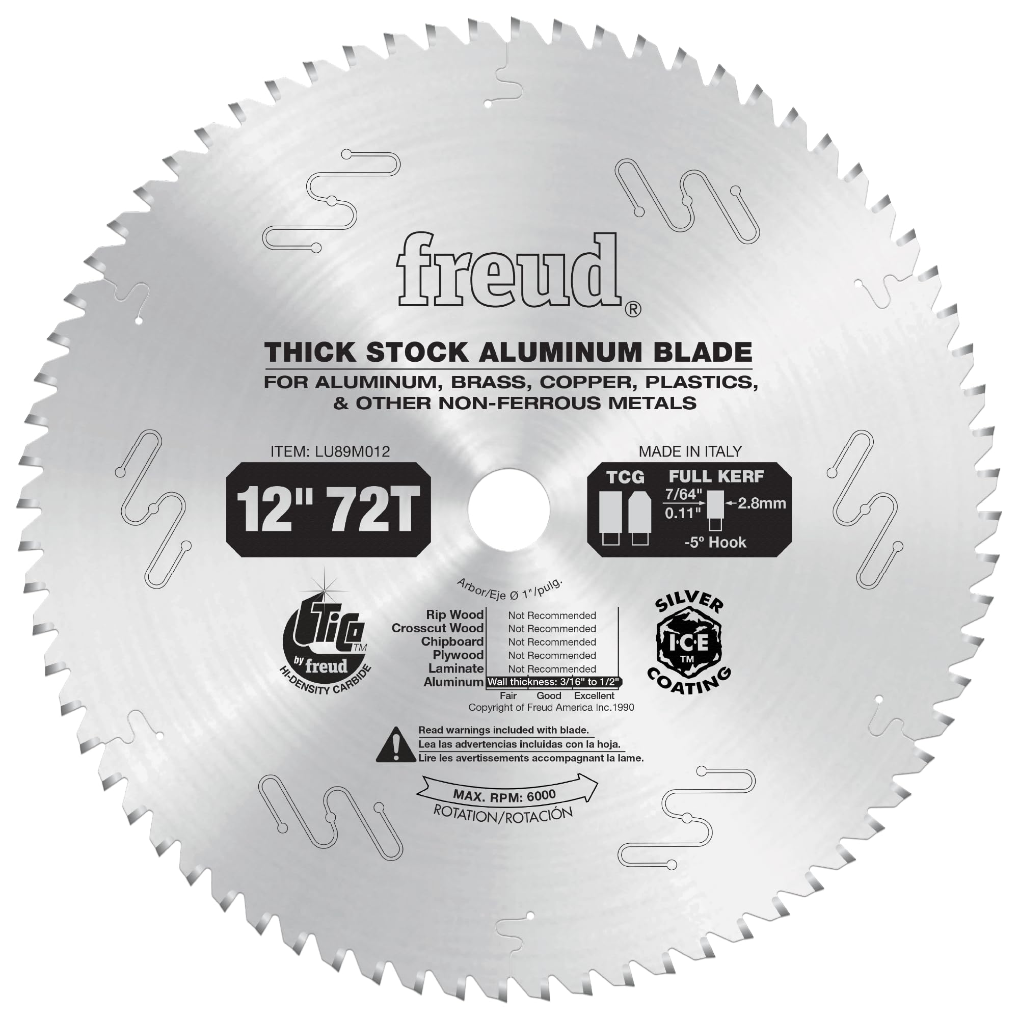 Hoja de sierra de metal de aluminio de stock grueso Freud con mezcla no ferrosa de carburo de alta densidad Tico para un rendimiento máximo - 12 de diámetro, 72 dientes, rectificado TCG - LU89M012