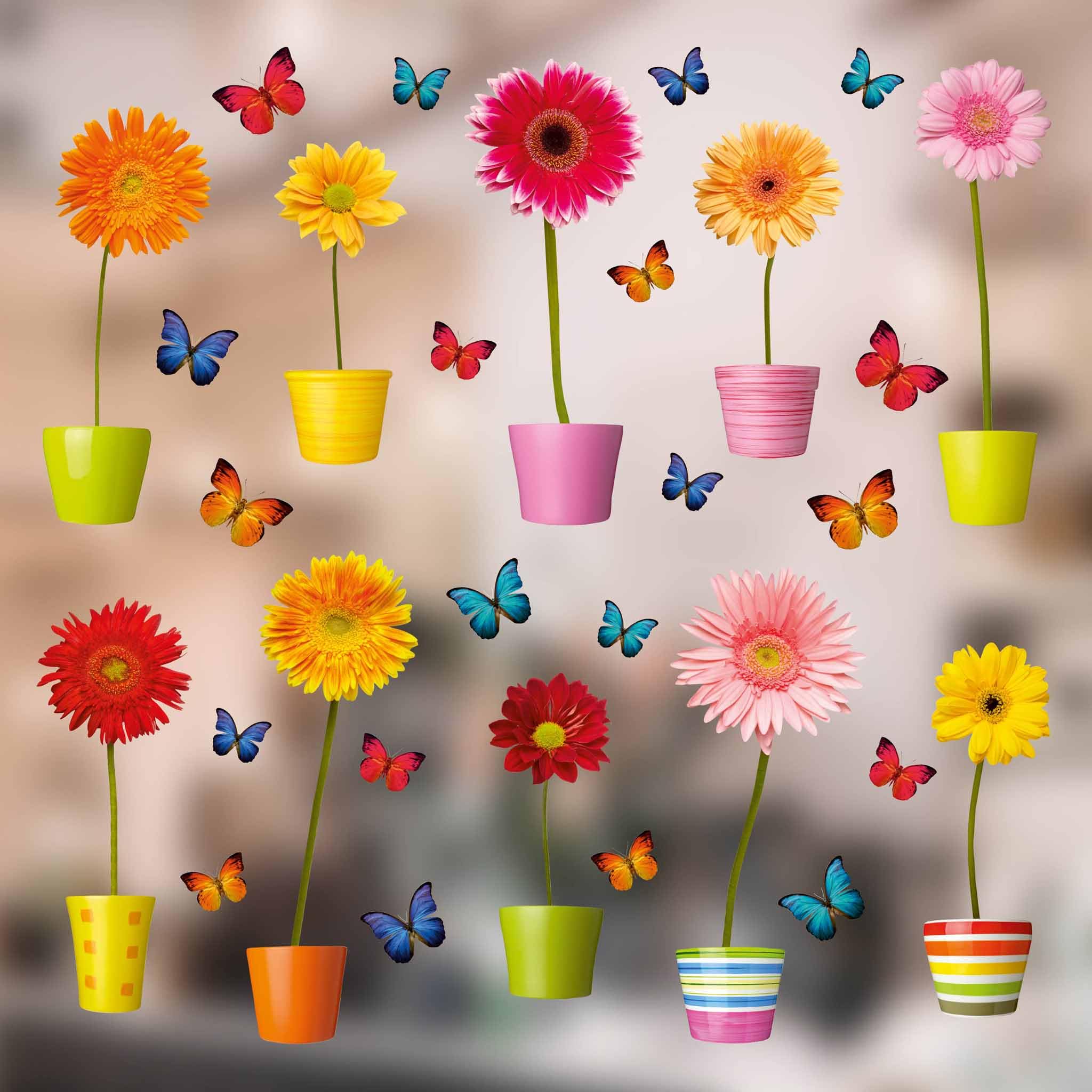 Flower Pots Window Stickers for Glass - 10 x Individual Colourful Flowers in Pots with 20 x Butterflies - Static Cling Decorations for Windows and Glass Doors - Small