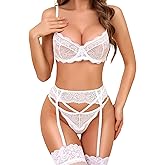 RSLOVE Lingerie Set for Women Sexy - Corset And Panty Outfits 3 Piece Lace Push Up Underwire with Garter Lingerie