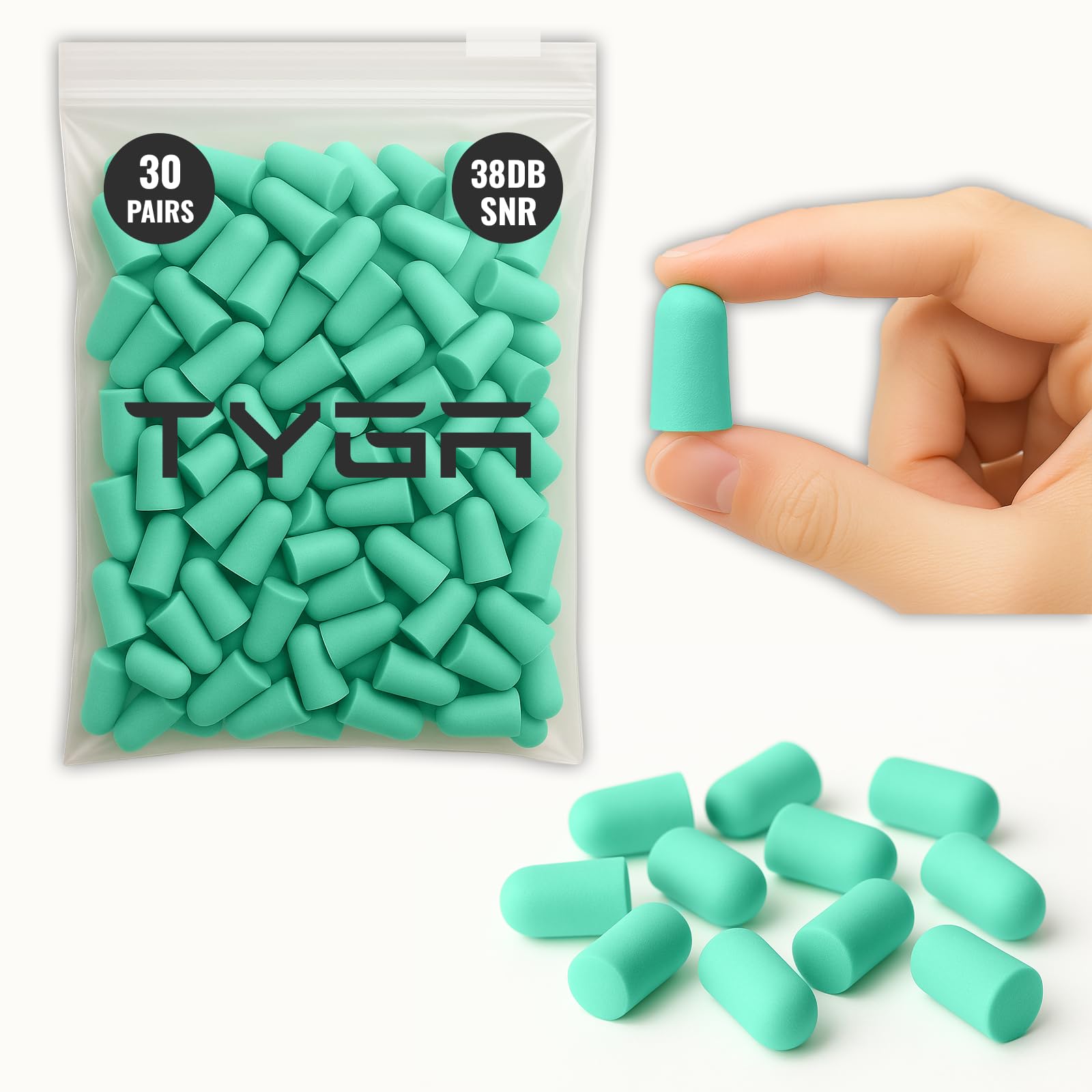 TYGA Store Soft Foam Ear Plugs 30 Pairs - 38dB SNR Noise Cancelling - Best for Sleeping, Travel, Concerts, Studying, Work, Loud Noise, Snoring - Mint Green