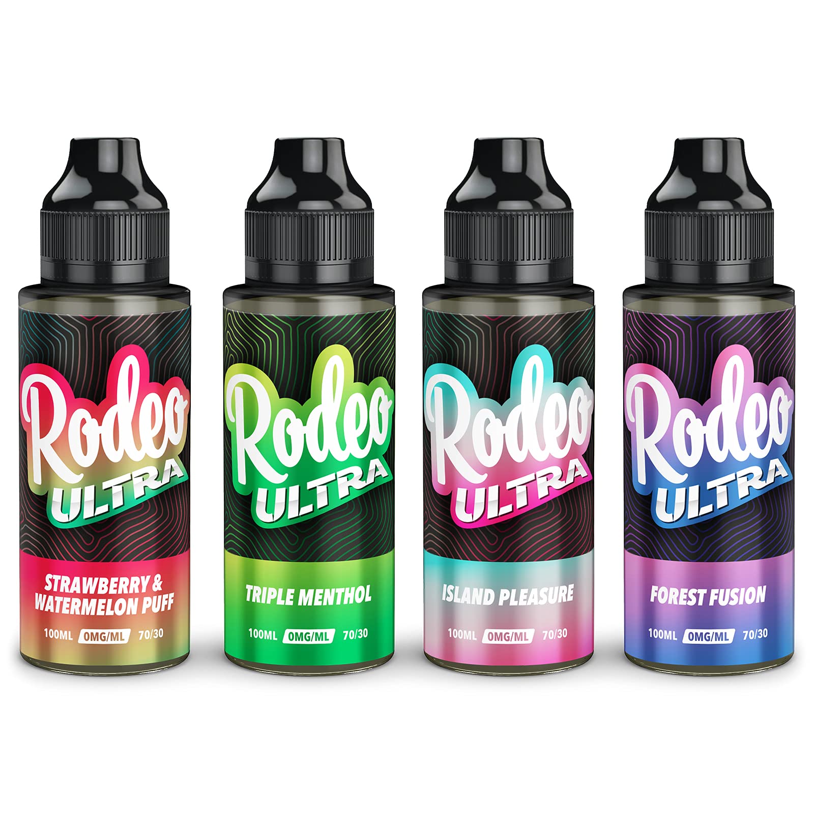 Four Pack - 4 x 100ml Strawberry & Watermelon + Triple Menthol + Island Pleasure + Forest Fusion Rodeo Ultra E Liquid 70/30 Vape Juice 0mg No Nicotine Short Fill (Rodeo E Liquid)