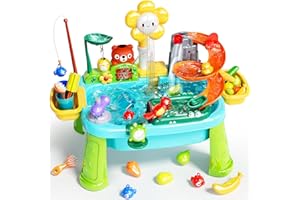 Pupu Pig Water Table Play Sink Toys for Toddlers, Kids Play Kitchen Sink with Running Water, 360° Electric Faucet, Floating Fishing Game, Sensory Water Table Toys for Boys Girls Summer Gifts