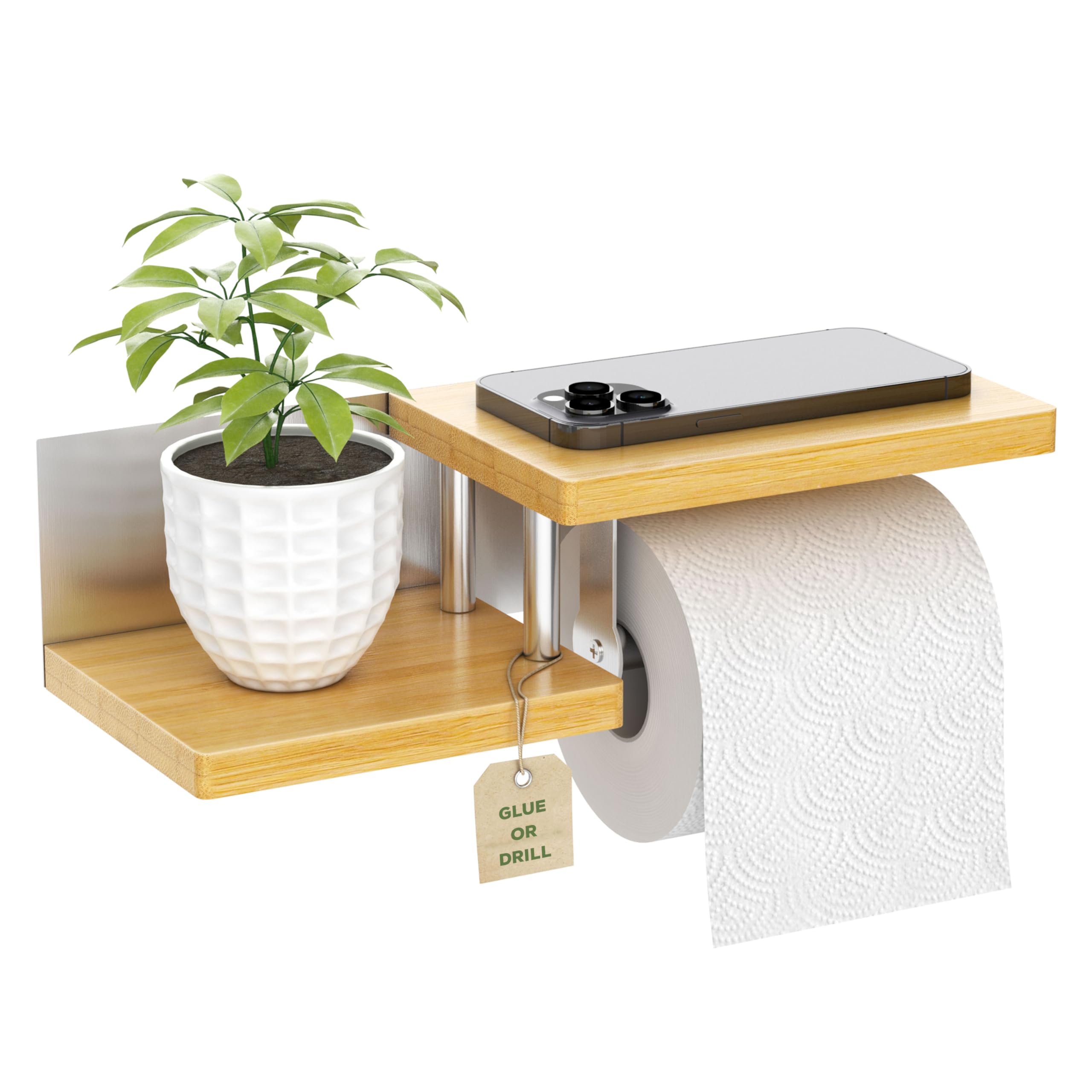 ElbFuchs® Bamboo Toilet Paper Holder | Stick or Drill | Premium Wooden Toilet Roll Holder with Shelf | Stainless Steel | Toilet Roll Holder | WC Paper Holder