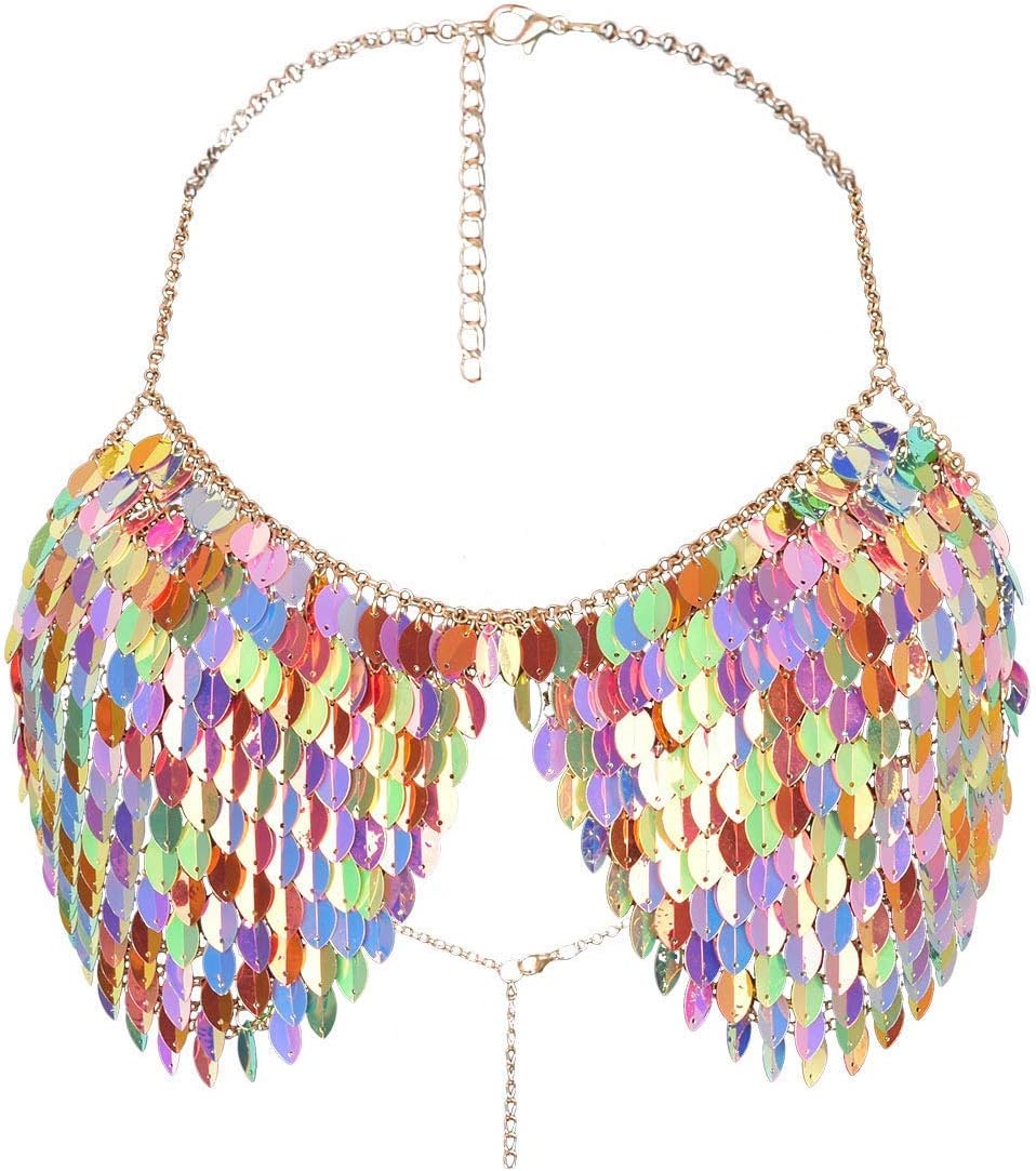 ccbodily Colorful Sequins Bra Body Chain Jewelry Crop Top Chainmail Bra Halter Choker Necklace Body Lingerie Metallic Bikini for Party