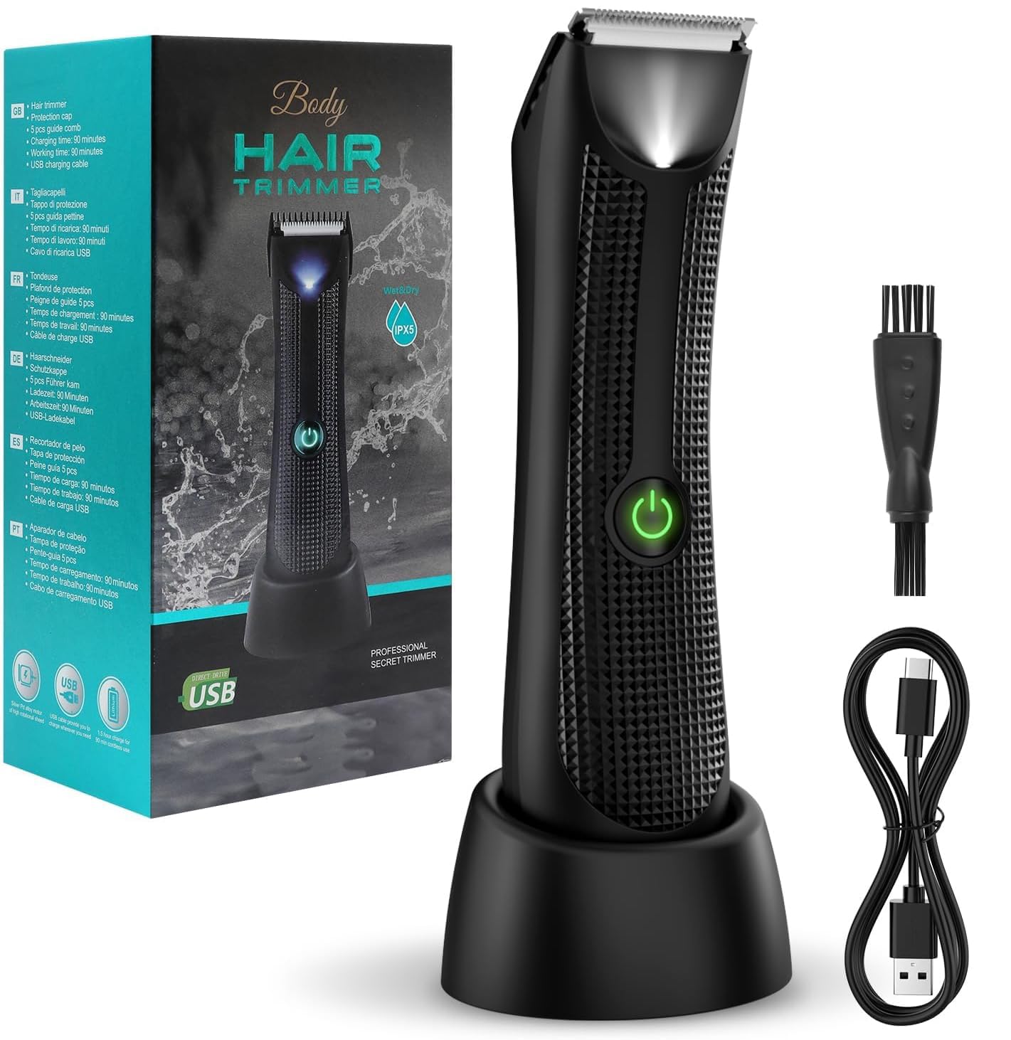 Vexloria Ball Trimmer Men, Body Groomer Men, Electric Groin Hair Trimmer, Body Hair Trimmer Men, Pubic Hair Trimmer with Ceramic Blade Head, Wet/Dry Shaver with LED Light and Charging Base（Black）