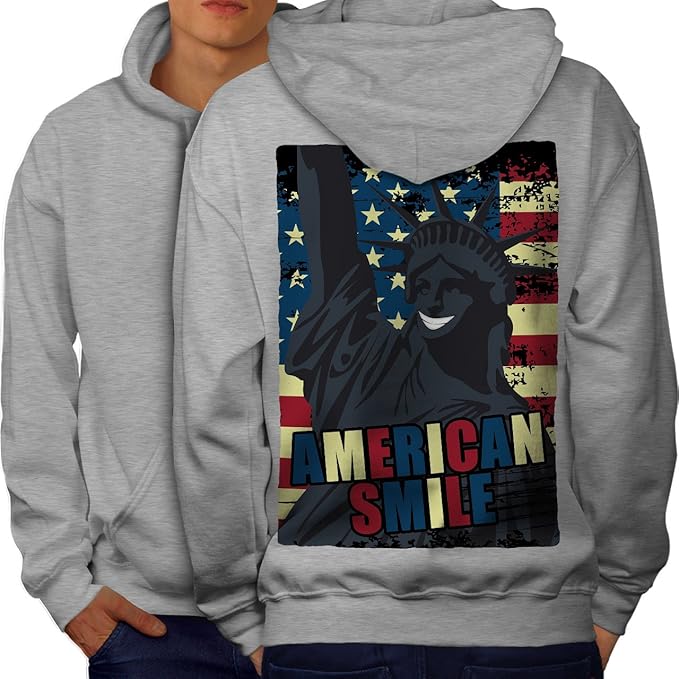 wellcoda American Freedom Flag Mens Hoodie, Happy Printed on The Jumpers Back at Amazon Menâs 