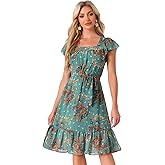 Allegra K Women's Midi Floral Chiffon Dress Flutter Sleeve Belted Square Neck Ruffled Dress