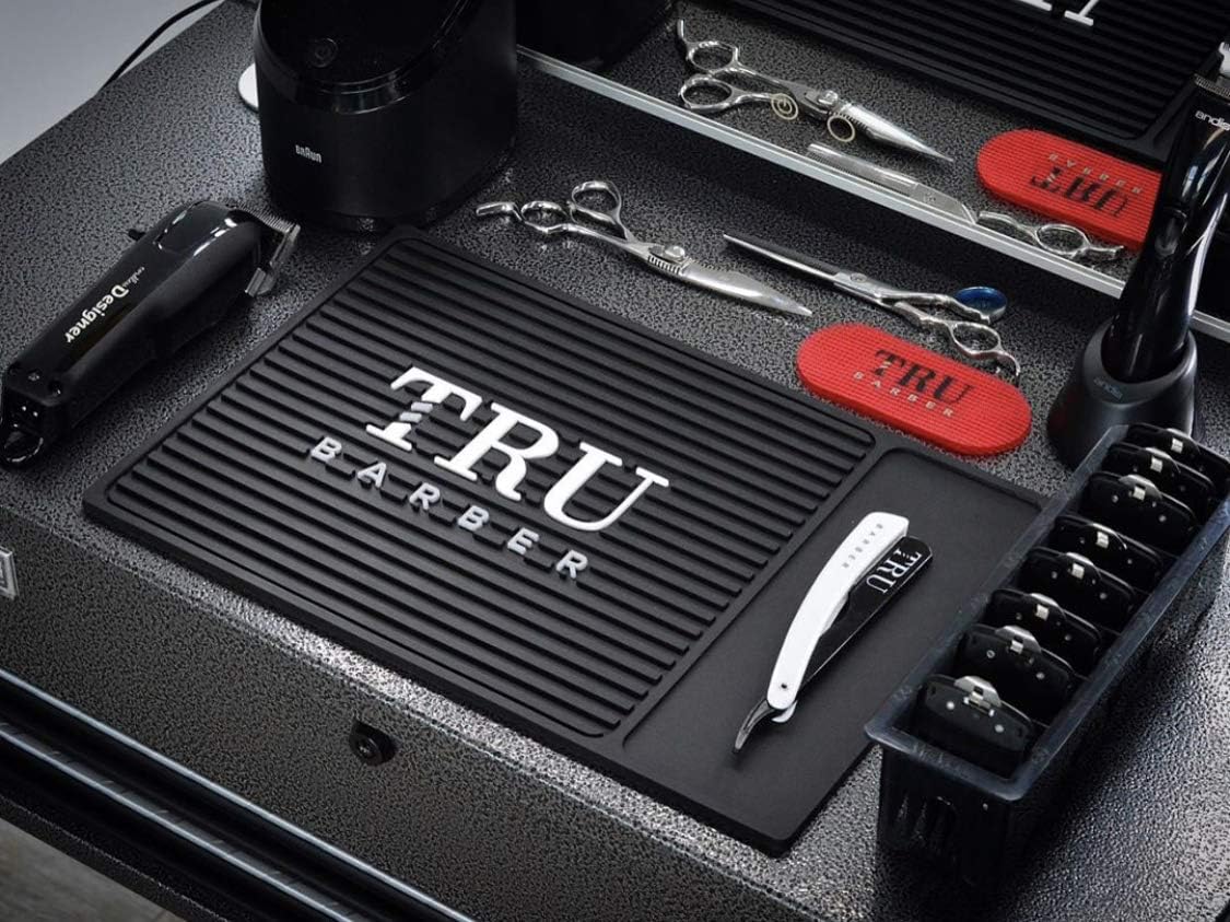 TRU BARBER ORGANIZER MAT 14”X 9” (BLACK/WHITE) Flexible PVC Station Mat
