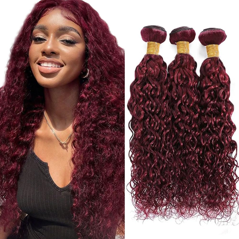 Photo 1 of ***ONLY ONE INCLUDED*** Burgundy Bundle 99J Water Wave Human Hair Bundles 8A Grade Wine Red Water Wave Bundle 3 Bundles 20 20 20 Inch 99J Burgundy Hair Extensions