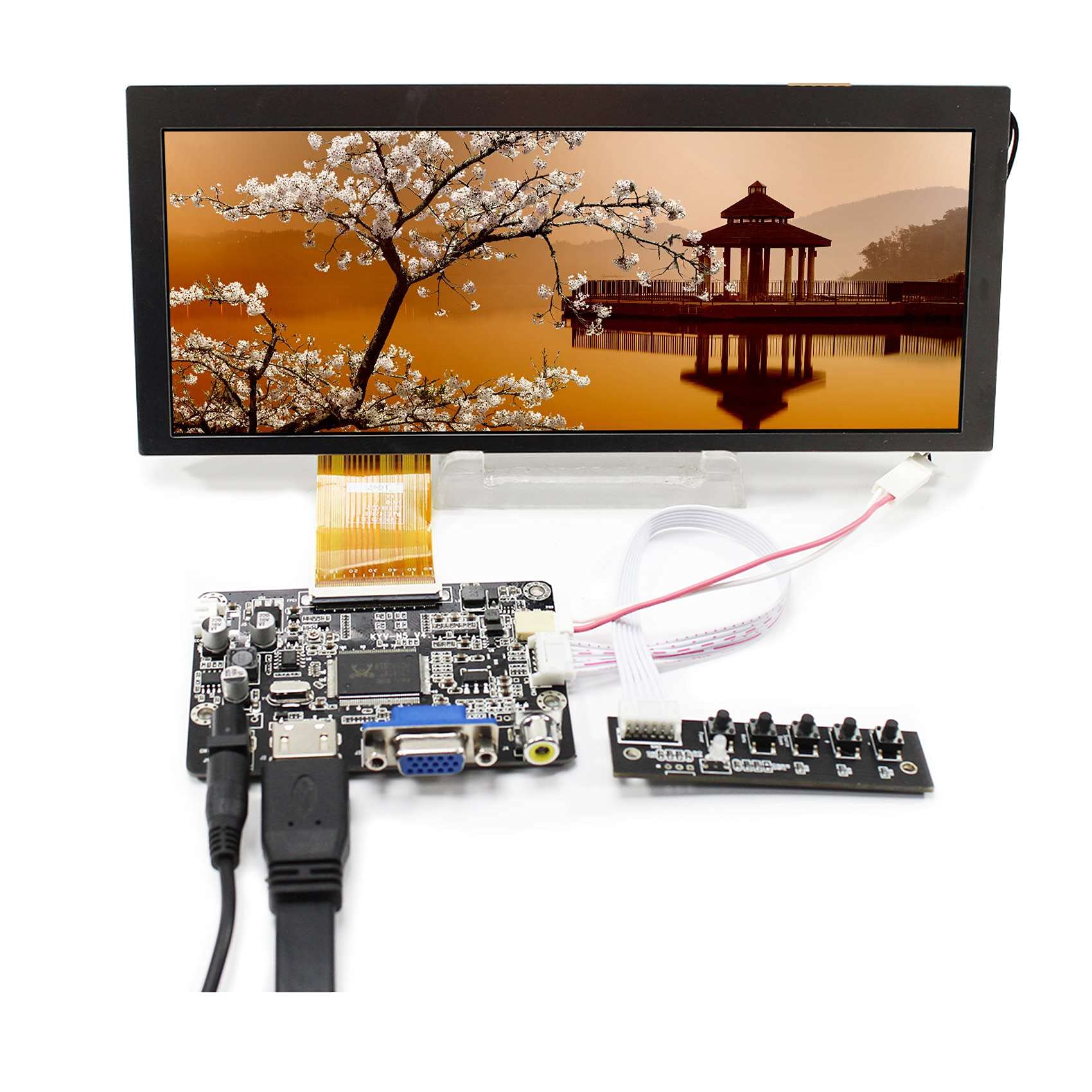 VSDISPLAY 8.8 inch 1280x480 CLAA088WA01 XN 500nit IPS Bar Screen and VGA AV LCD Controller Board,for DIY Gaming Marquee Monitor/Car Gauge Display