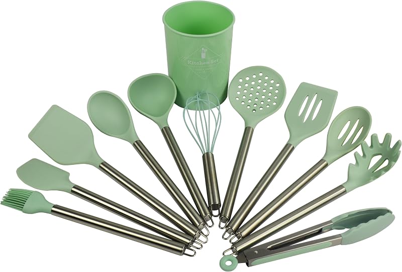 LAVV Non Stick Silicone Cooking Utensils Set 12pc with Holder Green