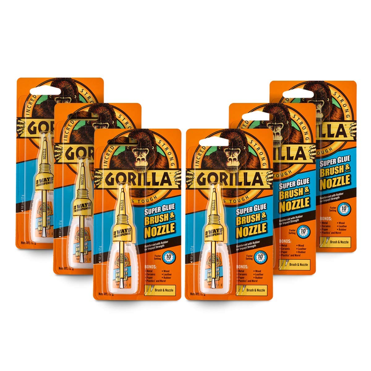 Gorilla Super Glue 2-in-1 Brush & Nozzle, 12g (6 Pack) – All Purpose, Fast Setting, Dual Application with Anti-Clog Cap | Ideal for Metal, Ceramics, Leather & More