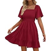BTFBM Womens Summer Smocked Mini Dress Spring Square Neck Flutter Sleeve Casual Ruffle Swing Boho Beach Dresses Pockets