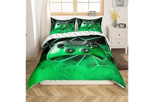 Erosebridal Boys Game Room Decor,Green Geometric Diamond Gamepad Bedding Set Full Size,Youth Kids Gamer Comforter Cover,Young Man Nostalgic Gaming Console Duvet Cover,Games Bedroom Decor