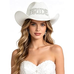 Holiberty Bride Veil Straw Cowboy Hat Bridal Shower Wedding Cowgirl Cap Bachelorette Party Women Beach Vacation Bucket Hat
