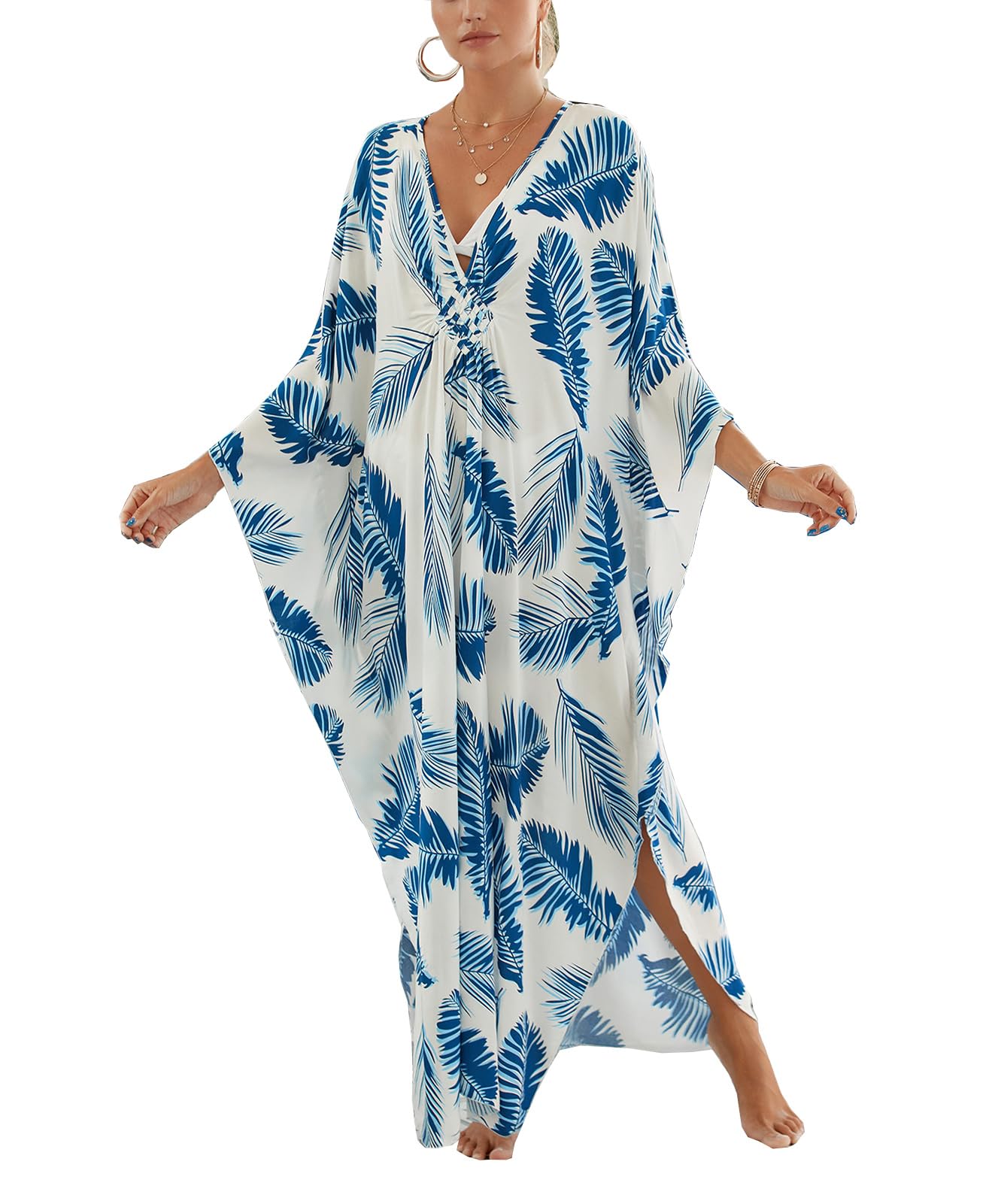 Photo 1 of sunforyou Kaftan dresses for Women Plus size Lightweight Caftans Swimsuit Cover up Batwing Sleeve Blue Leaves Loungewear Beach Robe (8772-24)