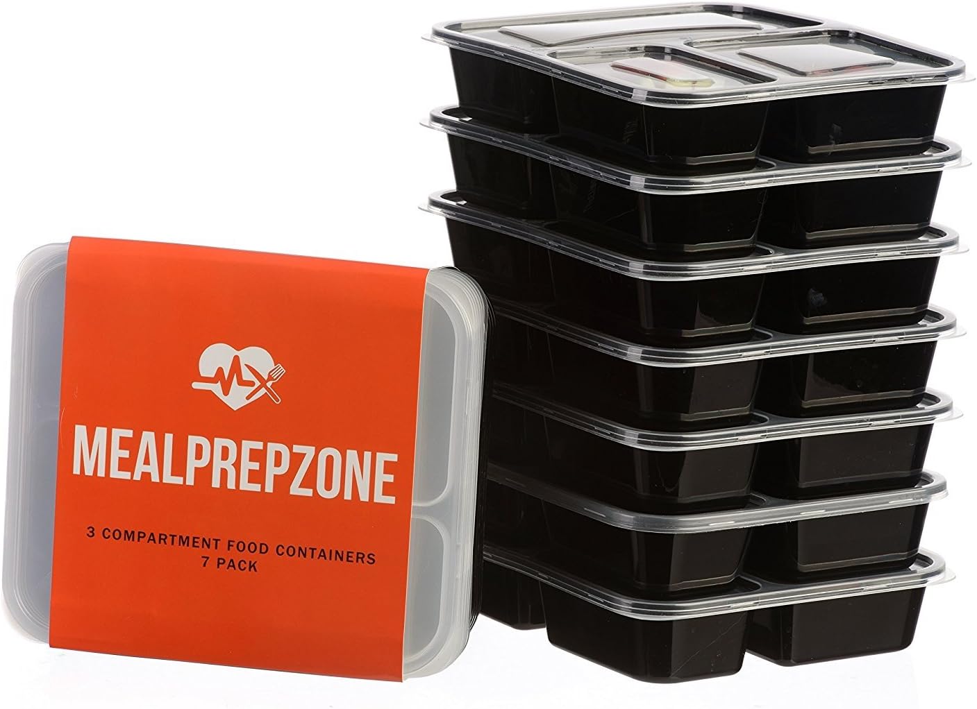 Meal Prep Zone 3 Compartment Food Storage Containers with Lids for Portion Control, Microwave, Dishwasher Safe, Bento Lunch Box, Rectangular Style, Set of 7