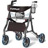 STEPPILOT Rollator Walkers for Seniors with Seat Supports 350lb,19.2 Lbs | 8" All Terrain Wheels&amp;Dual Brake, One-Hand Folds to 9.6",7-Level Handle Adjustable,Cup Holder&amp;Cane Clip