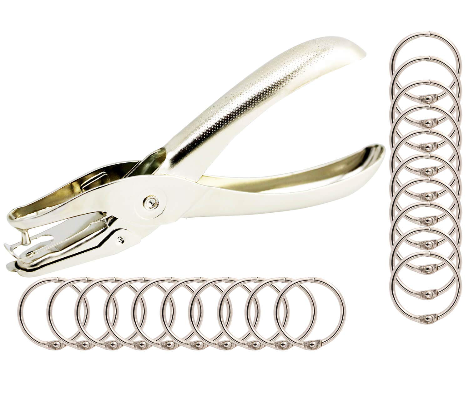 Cmxsevenday Handheld 1-Hole Paper Punch with 20Pcs Book Rings, 4/5'' Metal Binder Rings for Loose Leaf, Keychain
